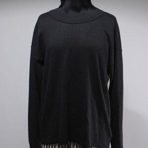 NWT Michael Kors Black Cotton Knit Fringed Turtleneck Sweater Size L